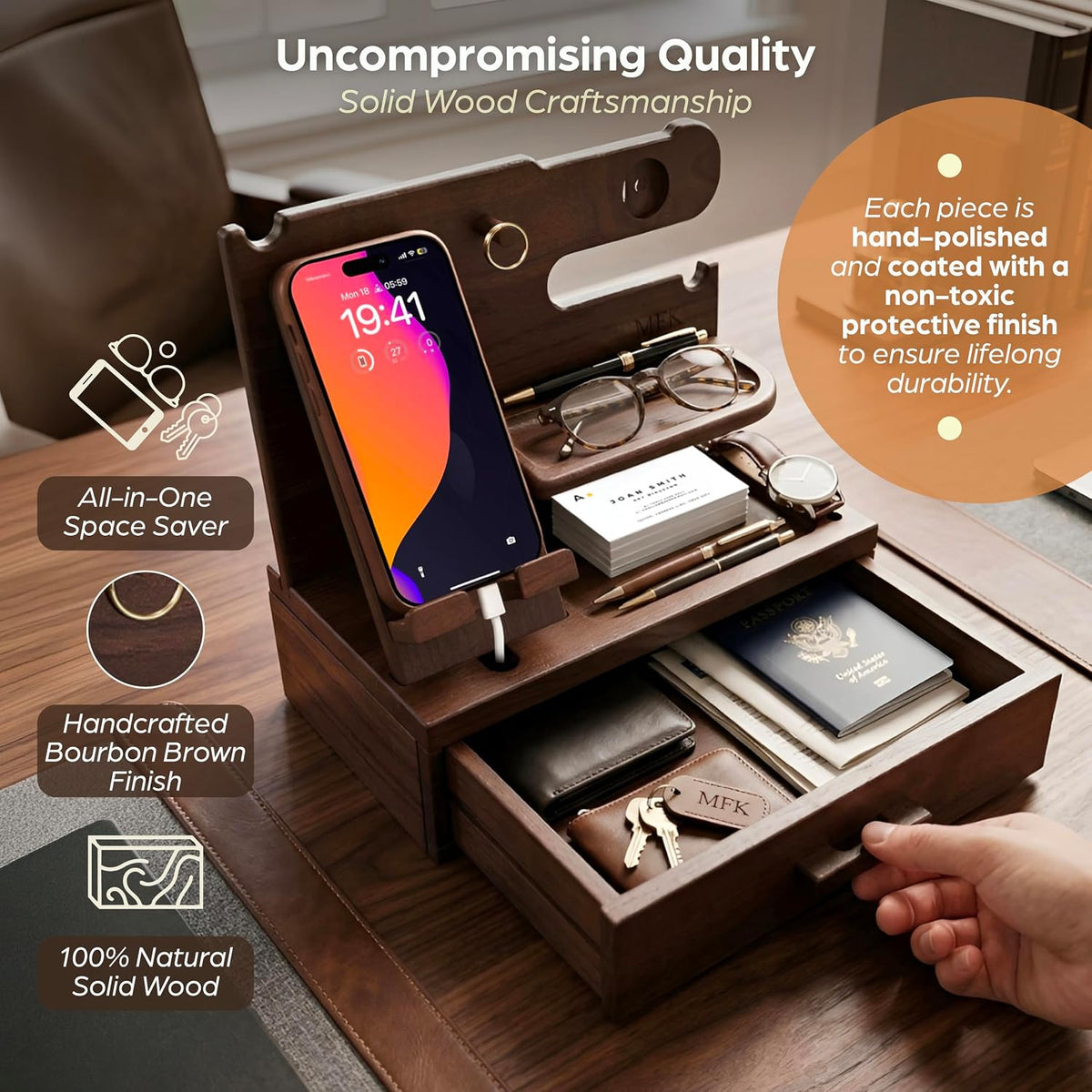 Bourbon Brown Wood Nightstand Organizer Docking Station Key, Wallet & Watch