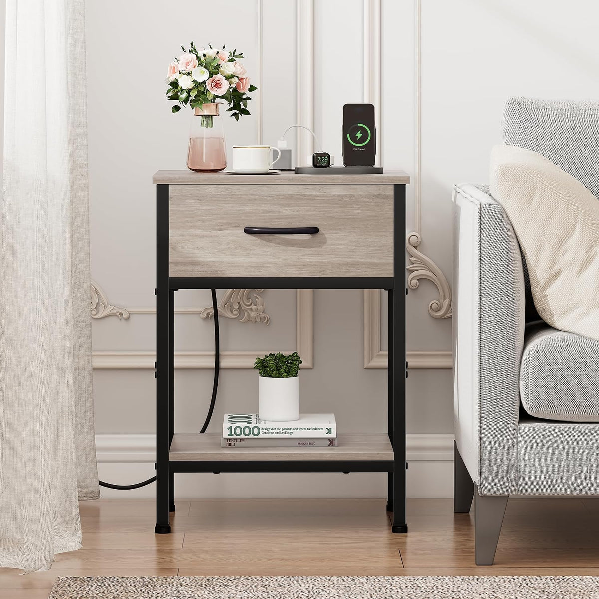 Vagusicc Nightstand with Charging Station, End Table with Fabric Drawer, Smal...