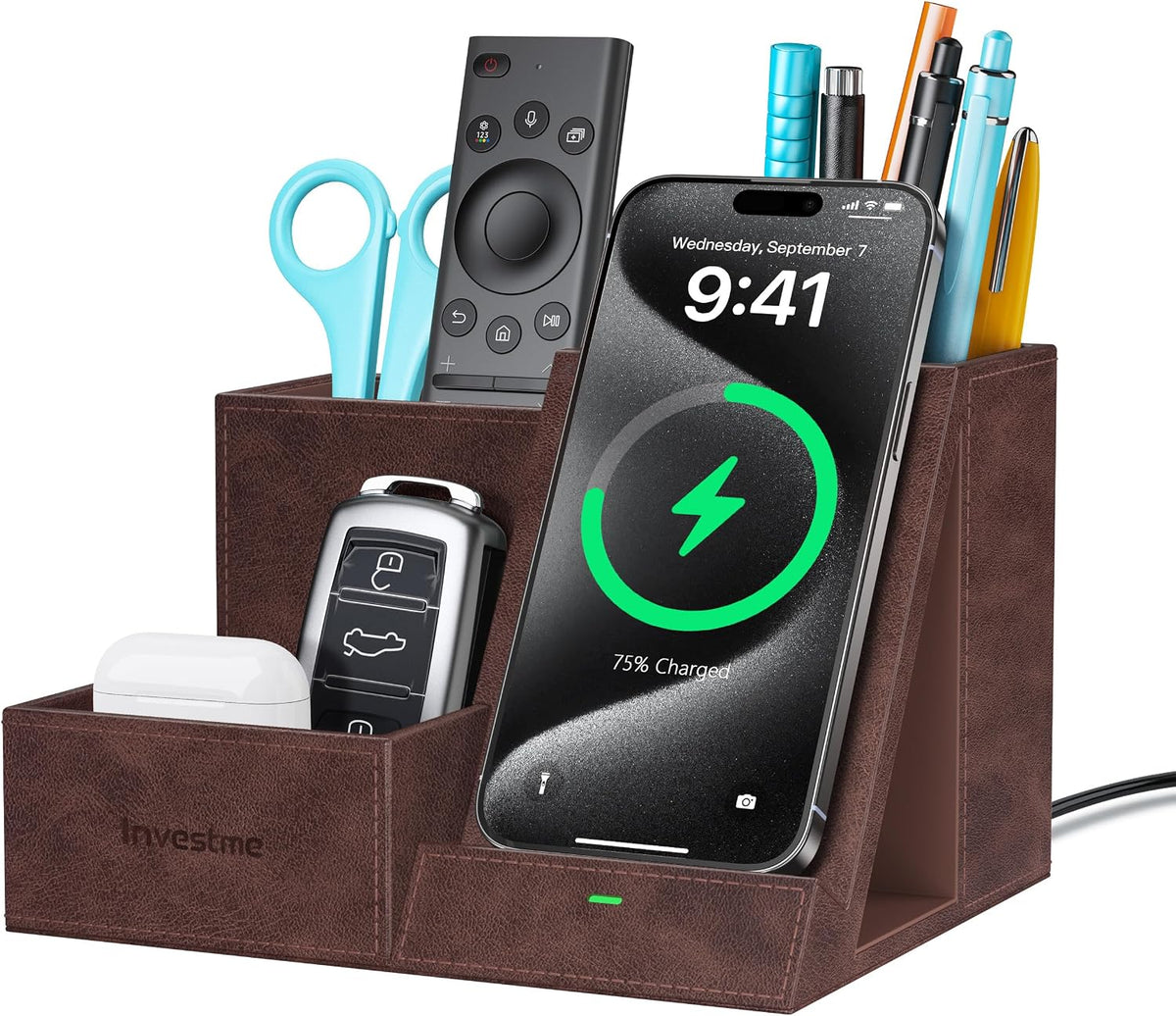 Wireless Charger with Desk Organizer, 3 Compartments and 1 Phone Stand
