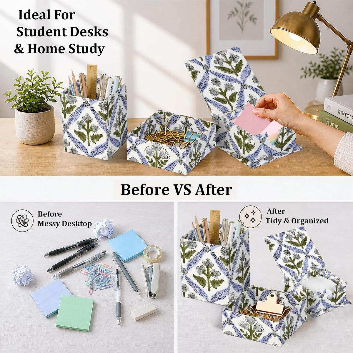 Ridhi Light Steel Blue Block Print Desk Organizer Pen & Notepad Holder Pc-3