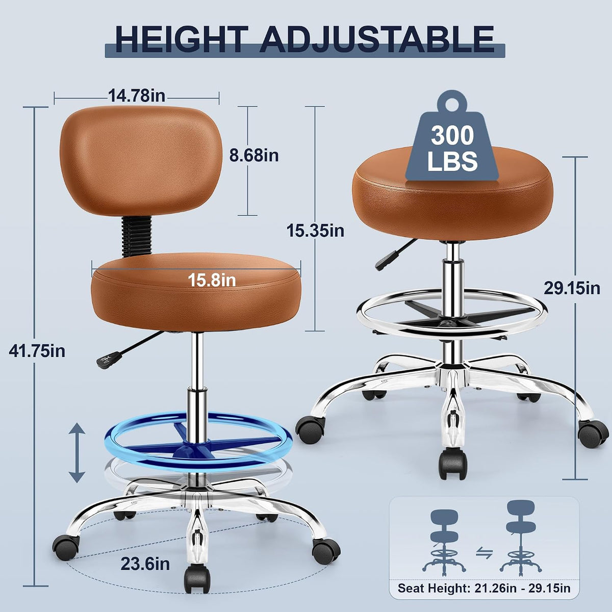 Brick Attic Drafting Chair with Backrest – Adjustable Foot Rest Rolling Stool...