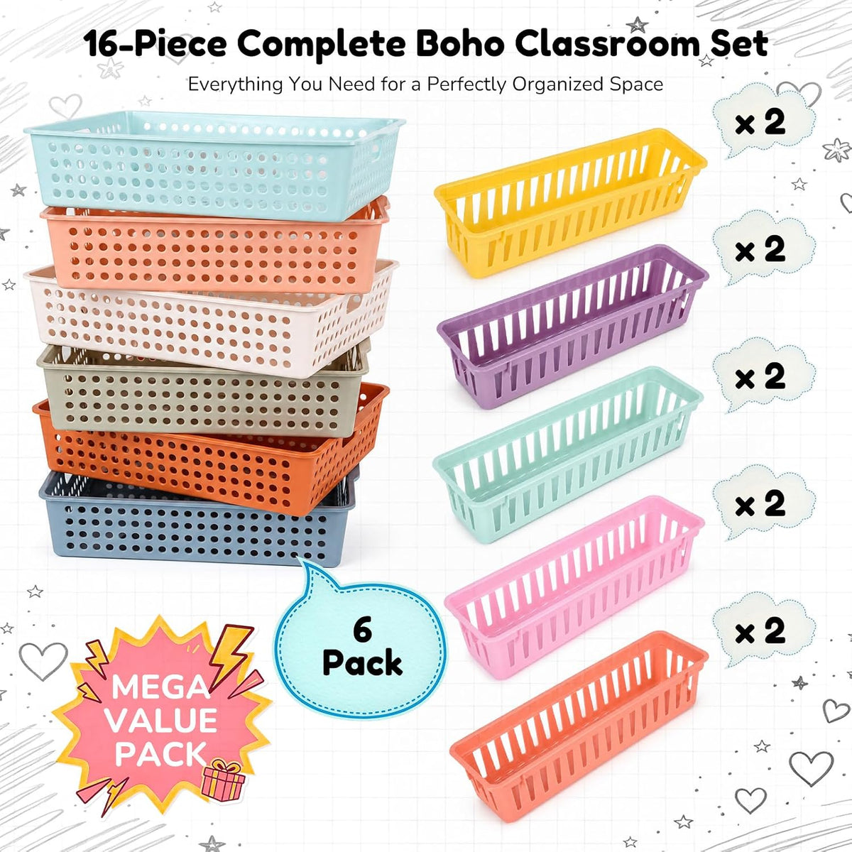 16-Piece Macaron Classroom Storage Set: 6 Paper Bins & 10 Pencil Trays