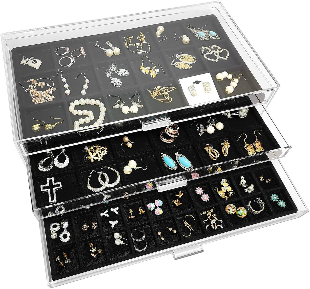 Ikee Design Premium Acrylic Jewelry Organizer,3 Drawers18,24,50 inserts