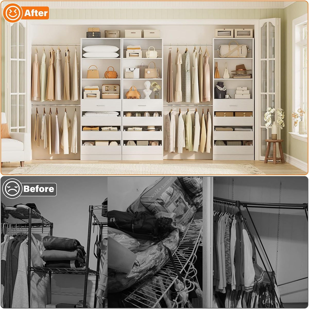 Aheaplus Closet System with 12 Drawers, 8.5-11.5Ft Closet Organizer System