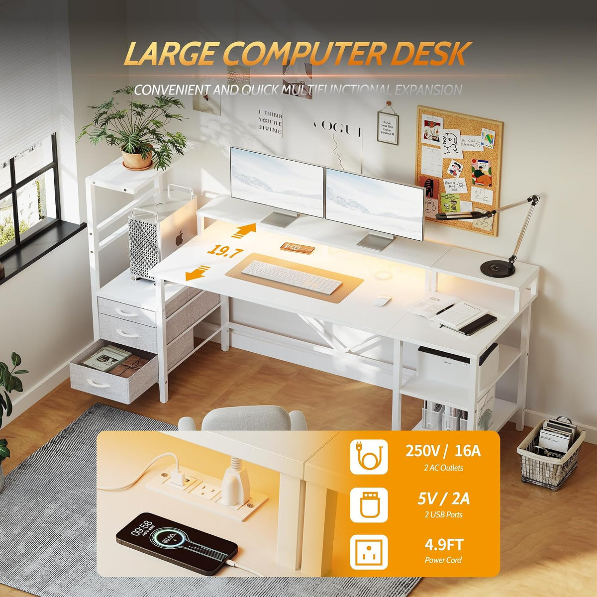 52" Reversible Gaming Desk with Drawers & Shelves, Computer Desk, White