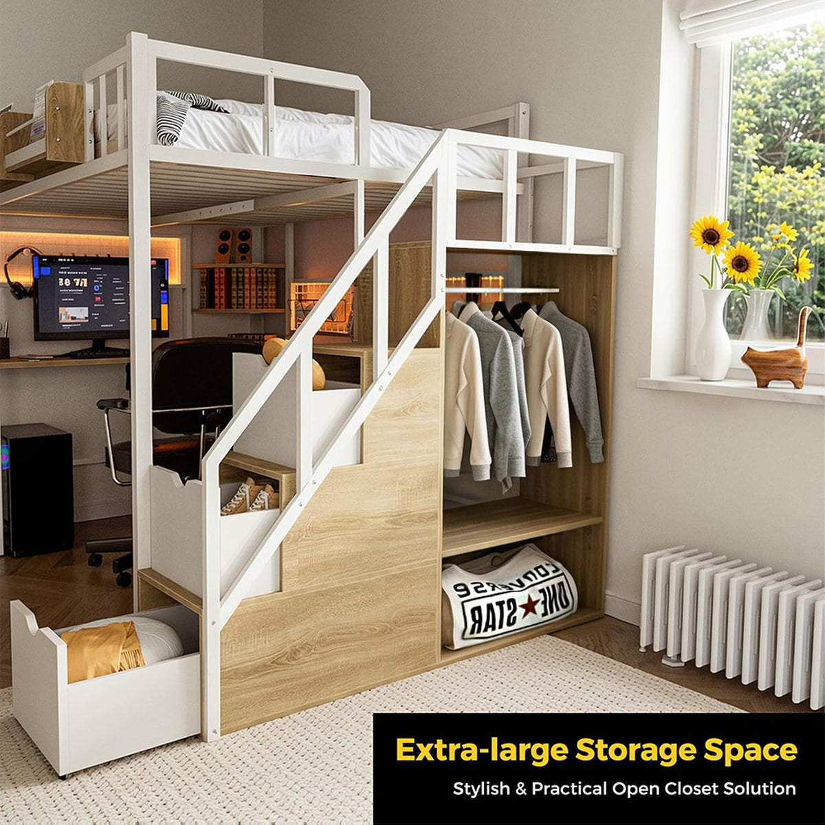 advwin Twin Size Loft Bed with Desk and Stairs, Storage Drawers and Shelves, ...