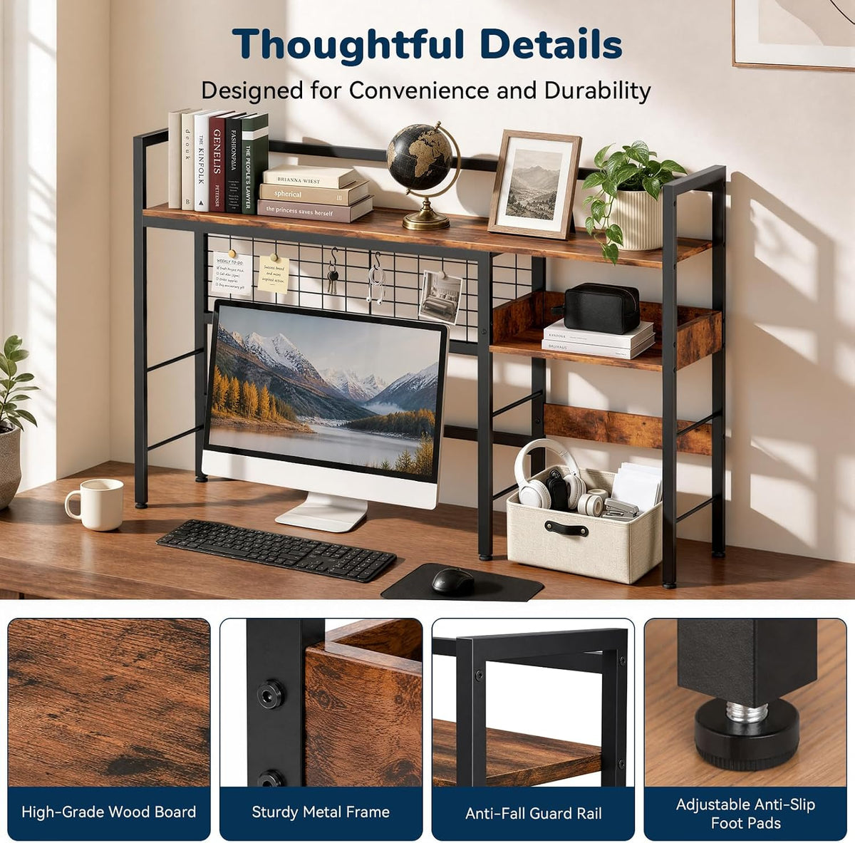 Desk Shelf, 44.9" Desk Hutch with Pegboard Hooks Set, Rustic Brown