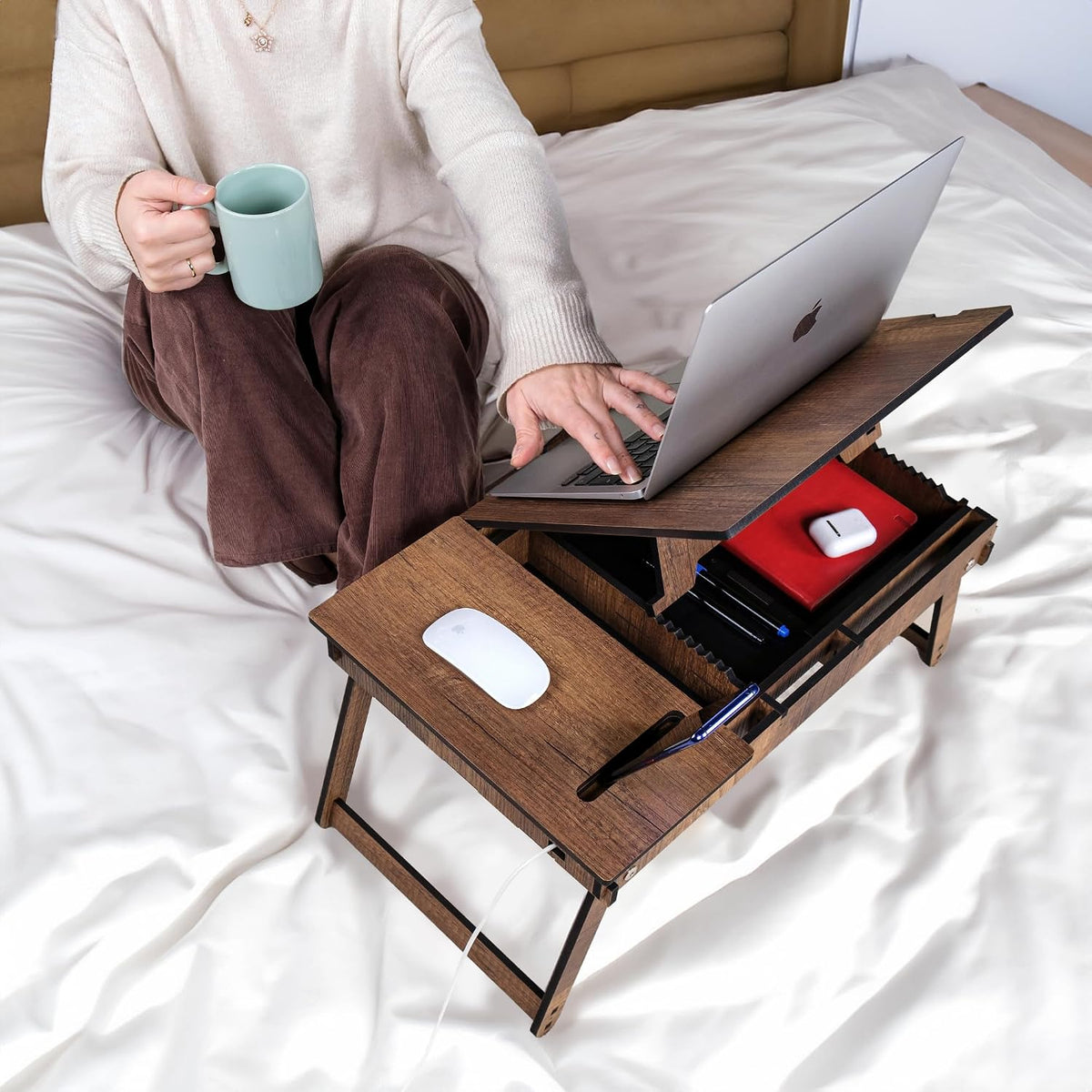 Vigo Wood Laptop Stand with Adjustable Tilt, Folding Legs and Storage Space, ...