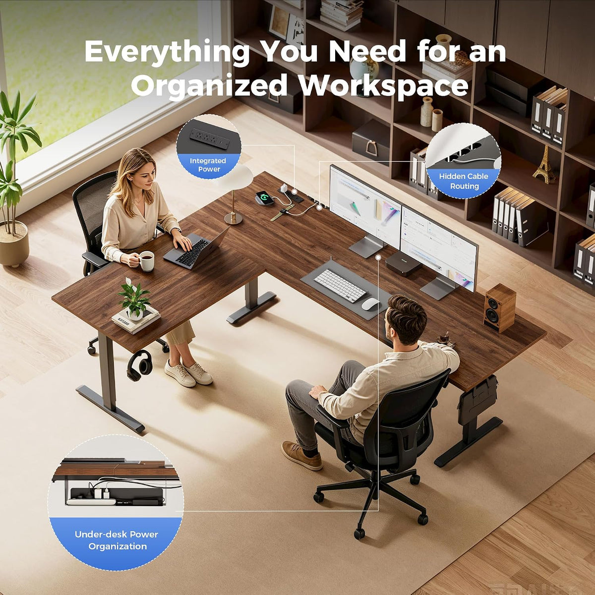 Agilestic 75 x 61 Inch L Shaped Standing Desk with Powerstrip, Dark Walnut