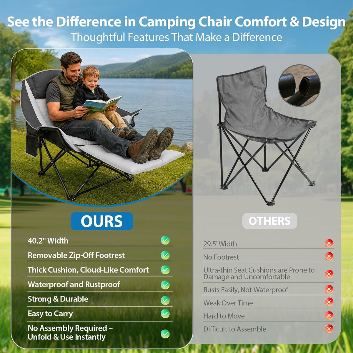 ZENPETIO Oversized Camping Chair with Footrest, 500 lbs Folding Camp Chairs