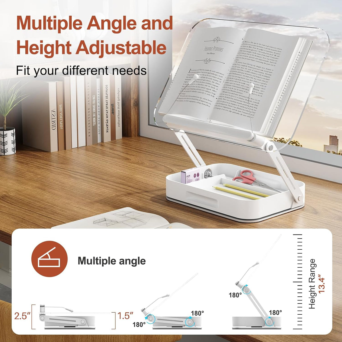 BYMECOST Acrylic Book Stand for Reading, Book Stand with Storage, White