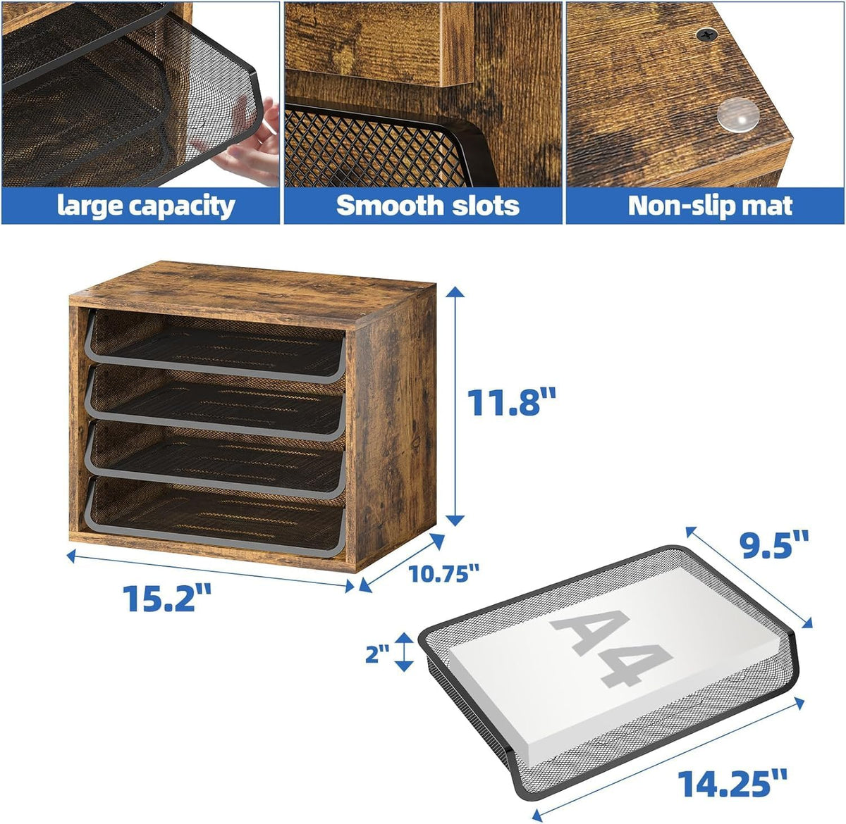 Simple Trending 4-Tier Desk File Organizer, Paper Organizer, Rustic Brown