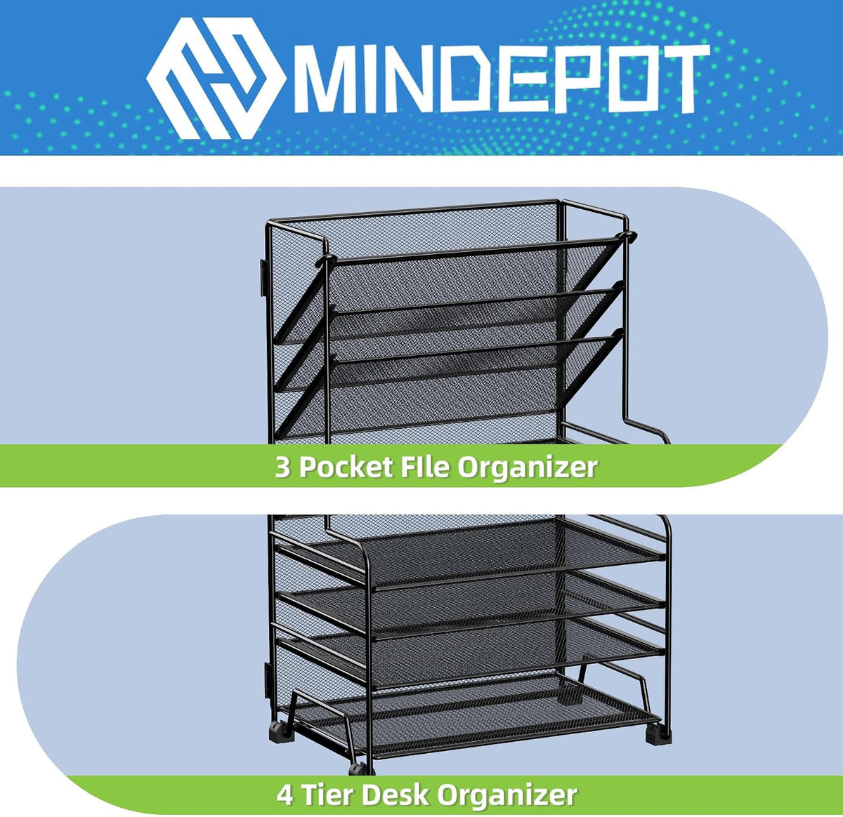 MINDEPOT 4-Tier Paper Organizer + 3-Pocket File Holder + Drawer + Pen Holders...