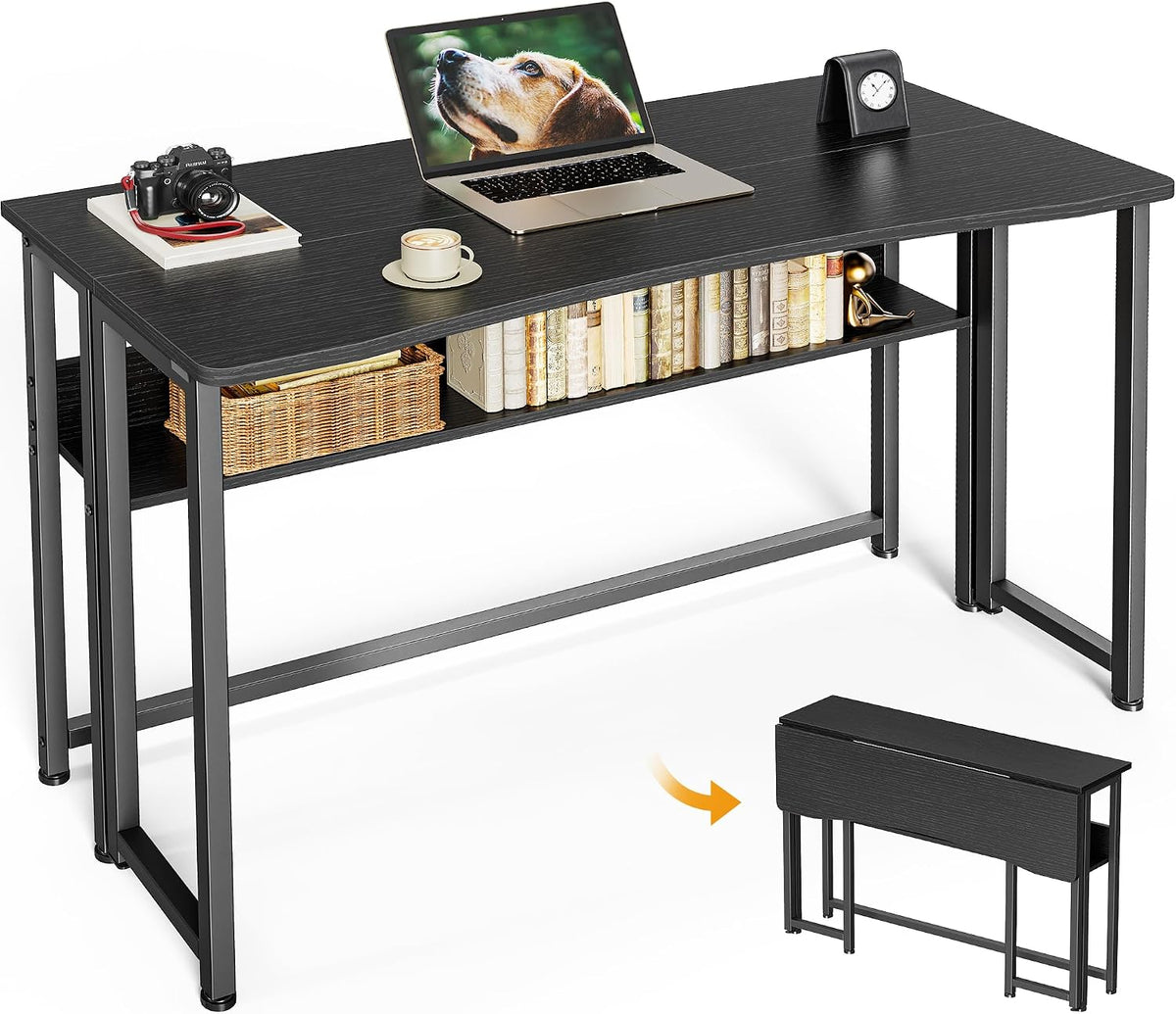 Huuger Folding Desk with Storage Shelf, 39.3 Inch Foldable Computer Table