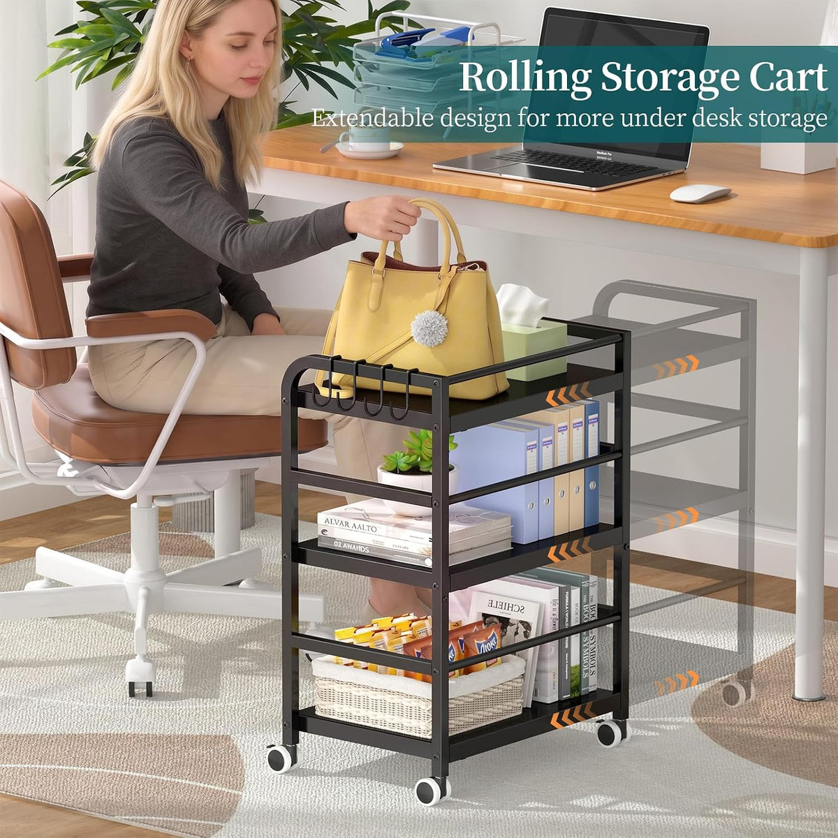 DAOUTIME 3-Tier Expandable Rolling Cart, Pantry Storage Cart with Wheels, Adj...