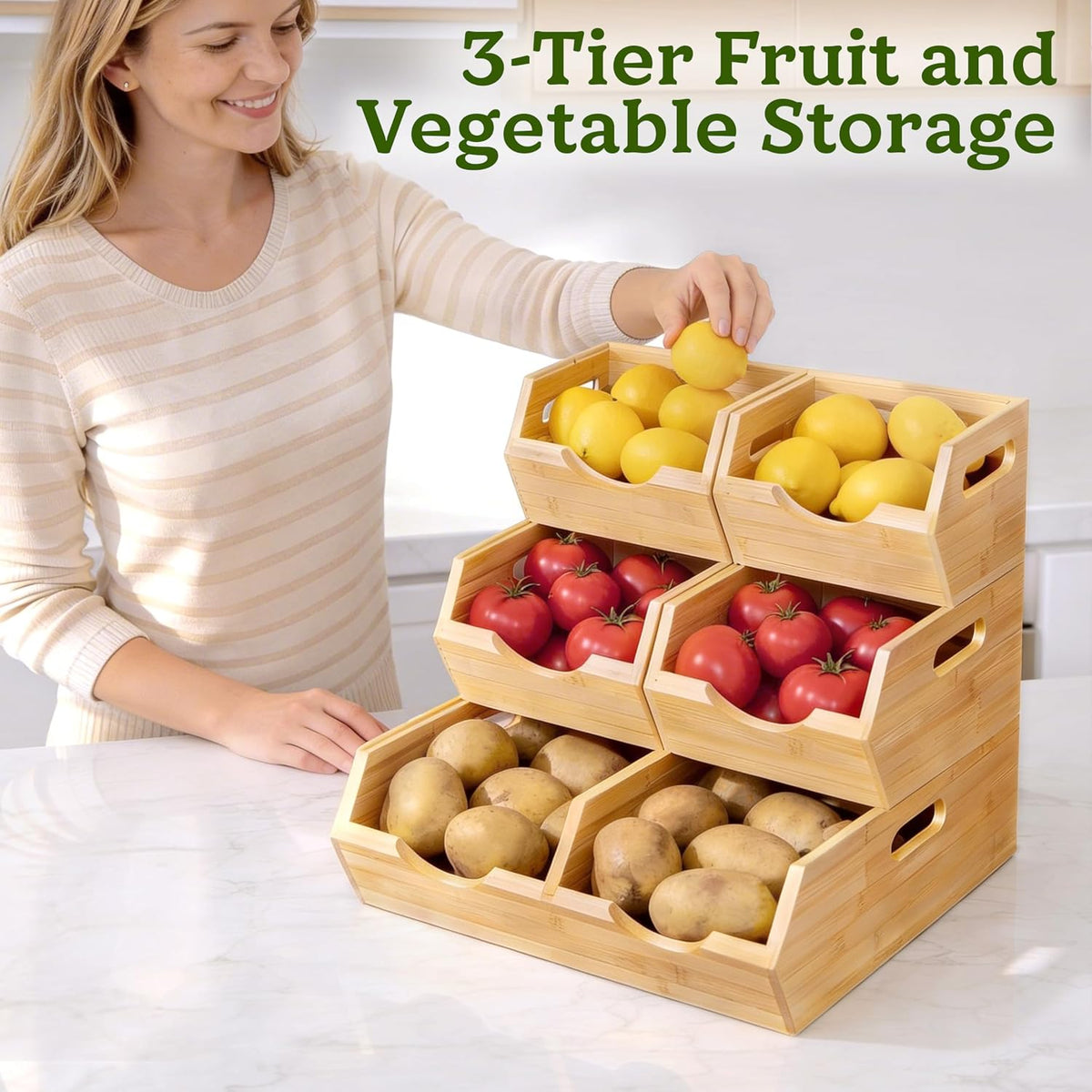 HOMESTEAD 3-Tier Bamboo Pantry Storage Bins – Stackable Potato & Onion St...