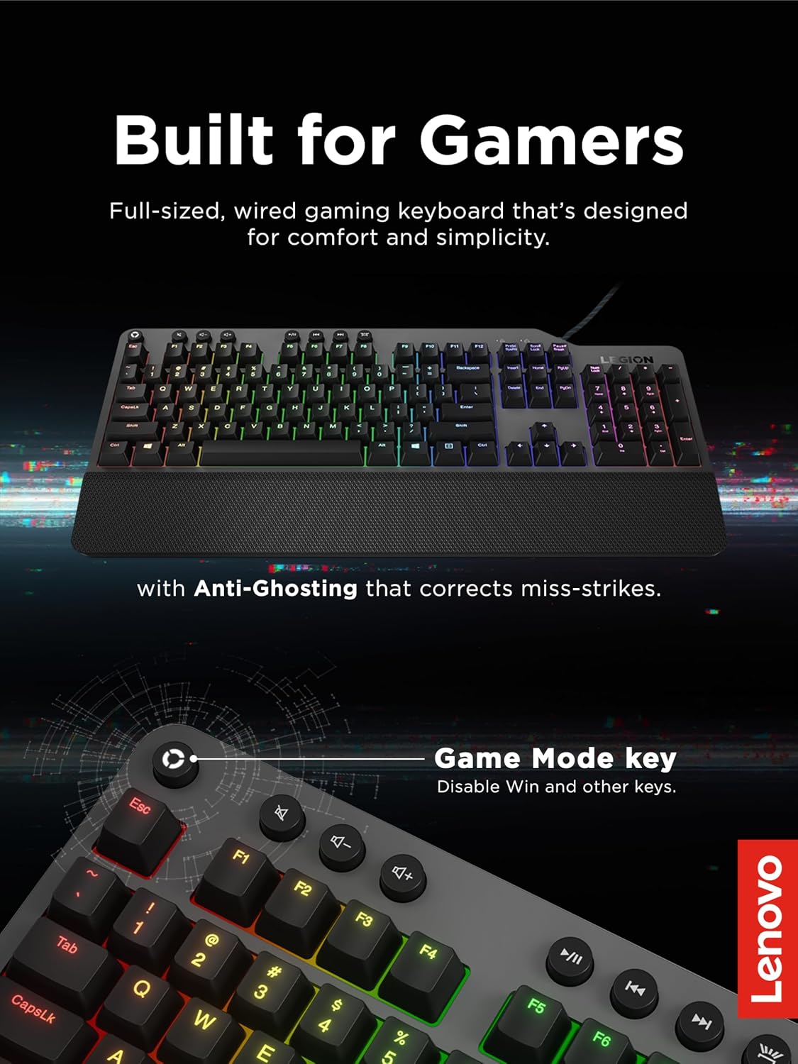 Lenovo GY40T26478 Legion K500 RGB Mechanical Gaming Keyboard, 3 ZONE Full-siz...
