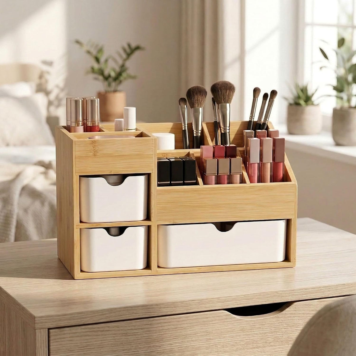 Bamboo Makeup Organizer, 3 Drawers & Adjustable Dividers