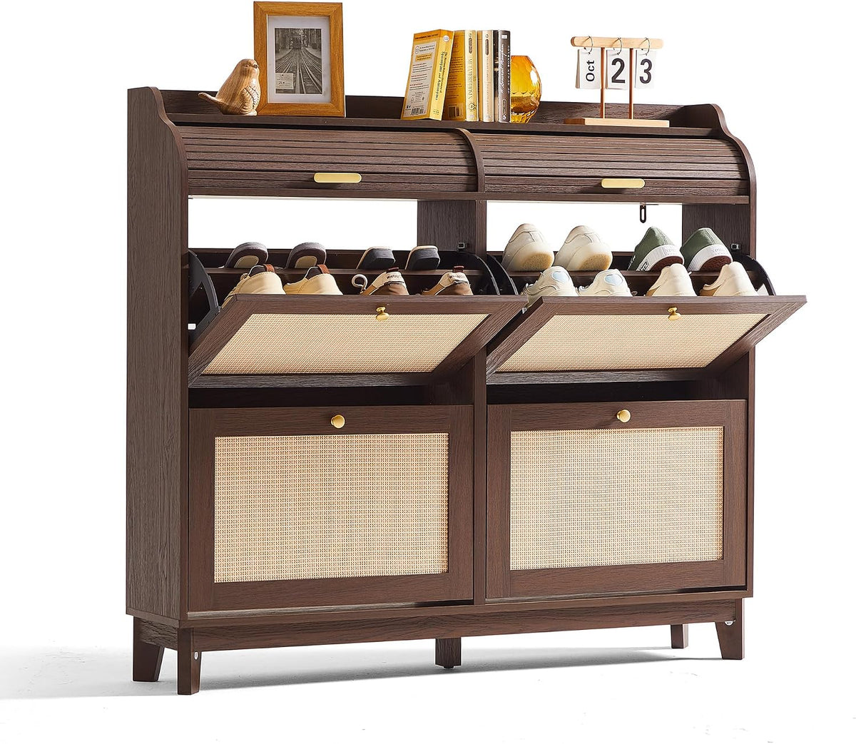 LINSY Shoe Storage Cabinet, Rattan Shoe Cabinet Flip Drawer Shoes Rack Cabine...
