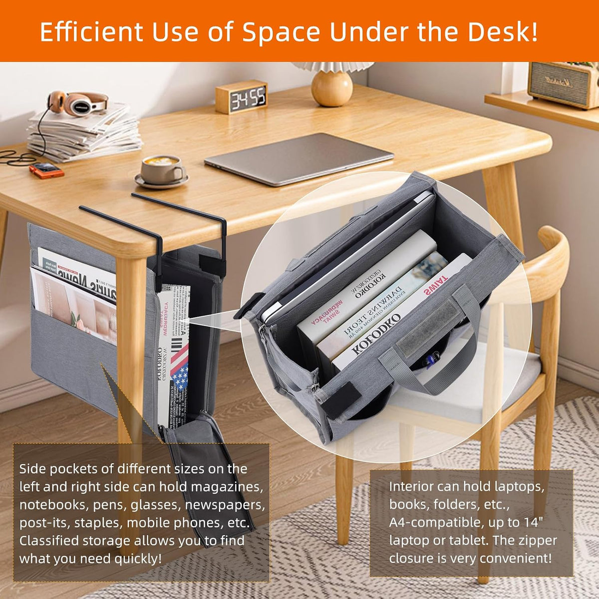 MASTLU Under Desk Hanging Storage Bag, Desk Organizer Storage, Office Side St...