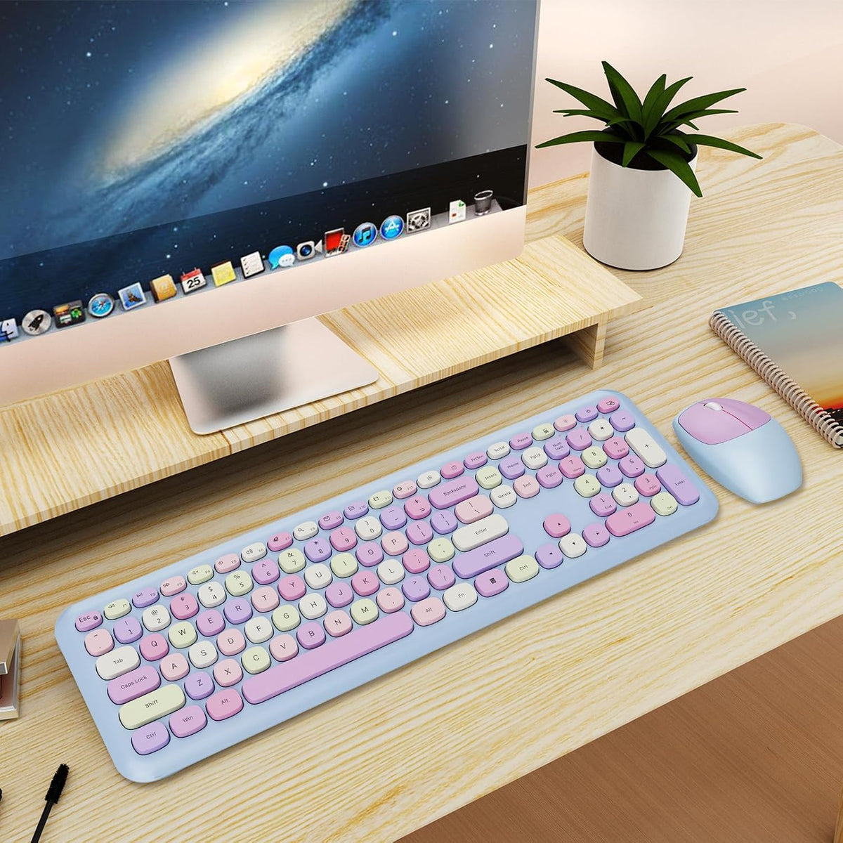Wireless Keyboard and Mouse Combo, Colorful Ergonomic Full Size Retro Low-Noi...
