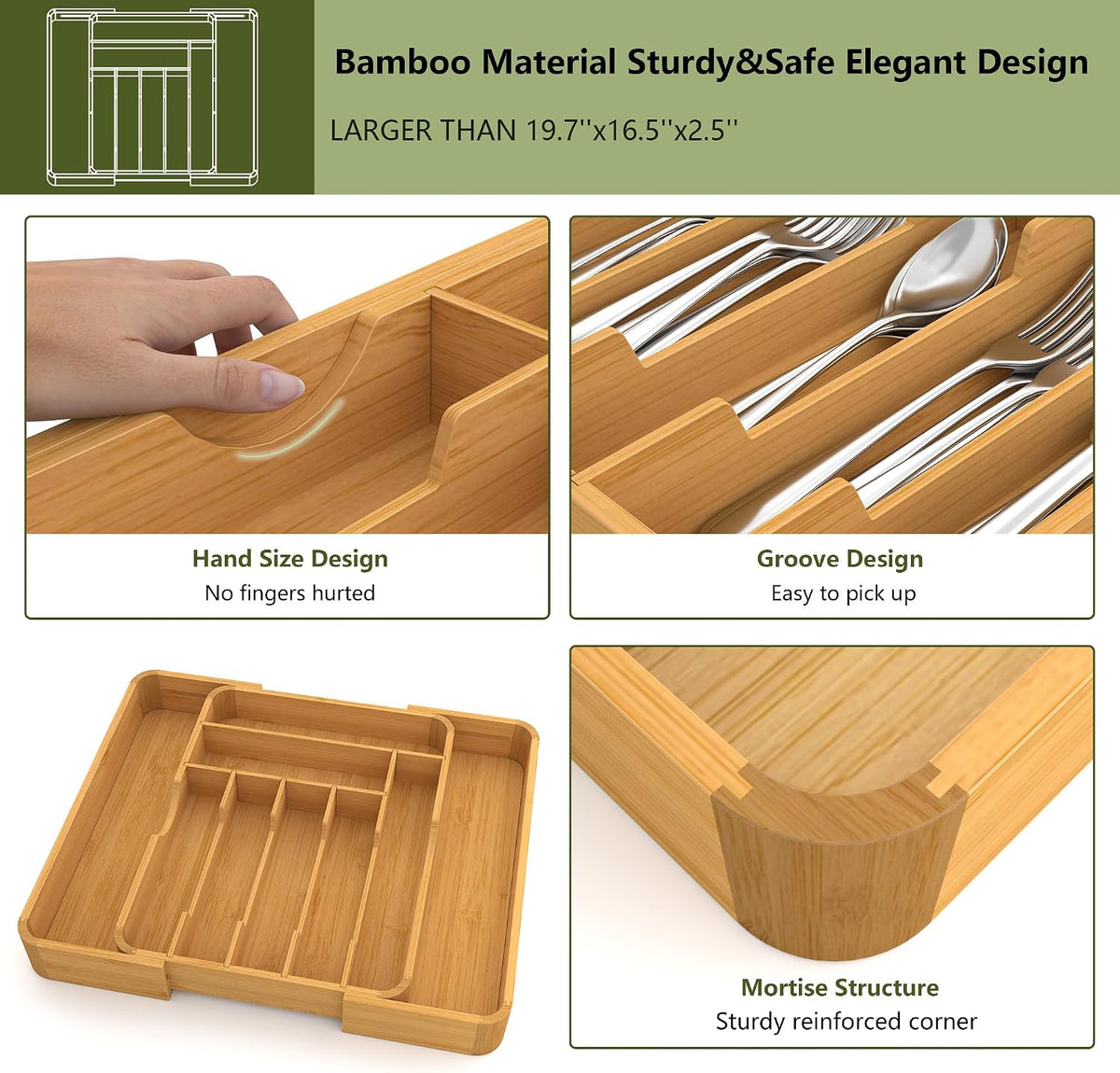 Suli Extra Large Silverware Drawer Organizer,Expand 12.6in to 19.7in,Bamboo