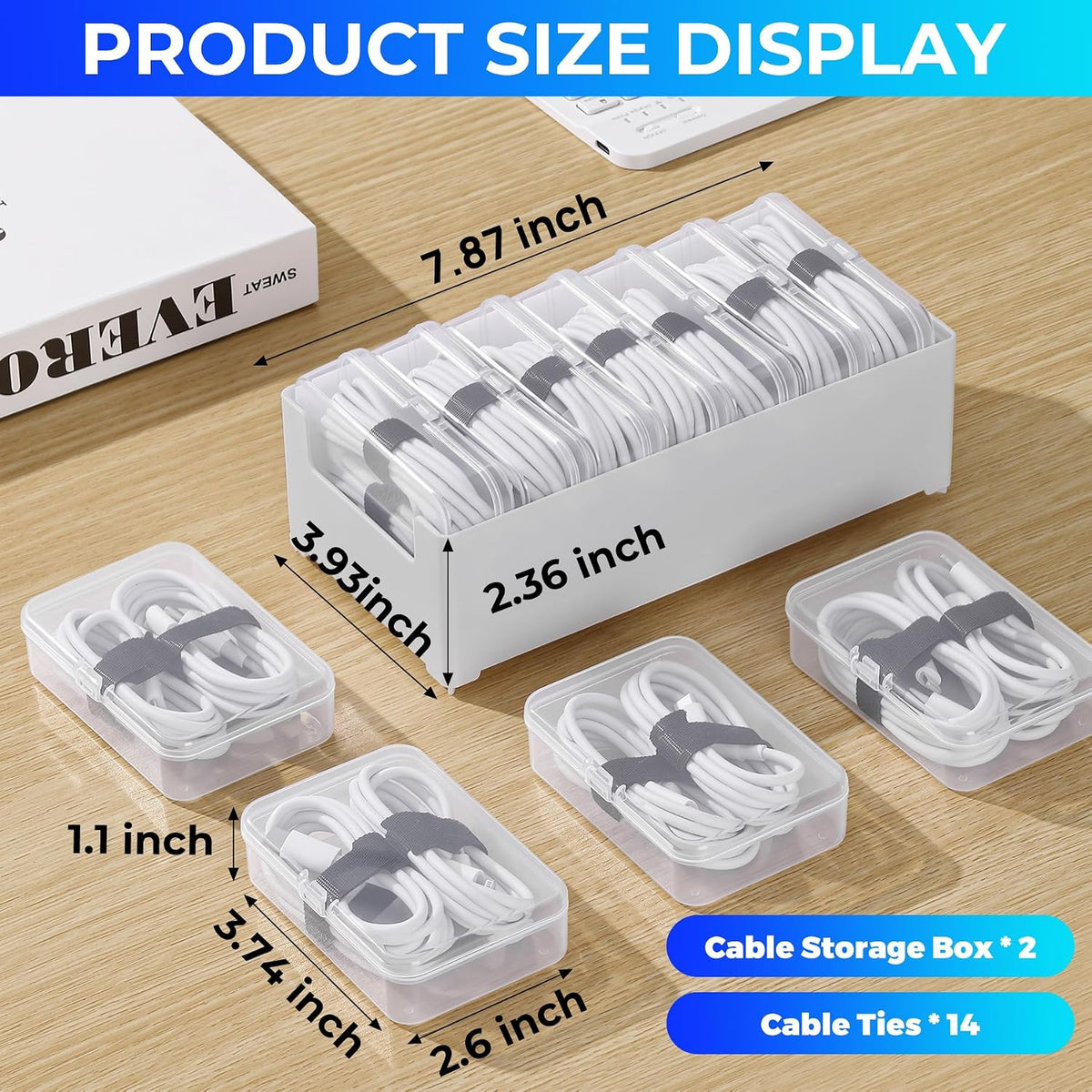 2 Pack Cable Organizer Box with 14 Clear Switch Case, Cable Straps and Label ...