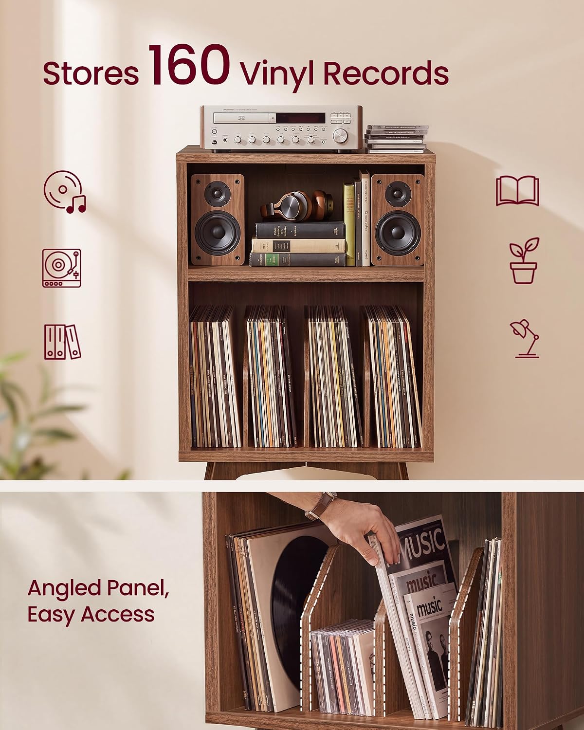 VASAGLE End Table, Mid-Century Record Player Stand, Holds 160 Albums
