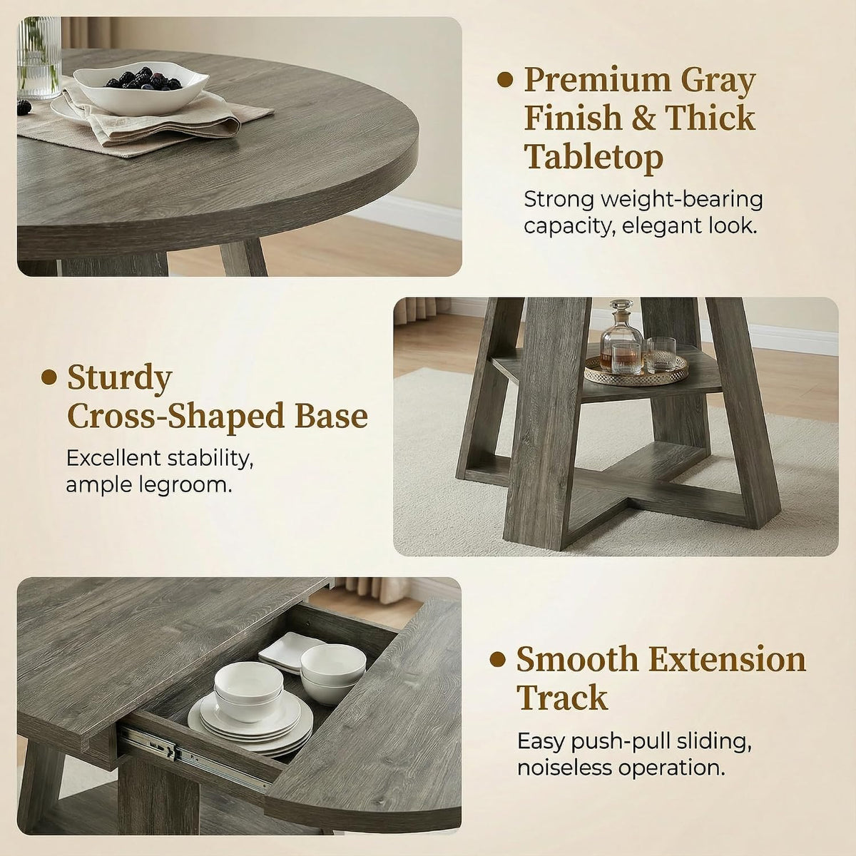 5-Piece Round Dining Table Set for 4, 43.3"-59" Extendable Round to...