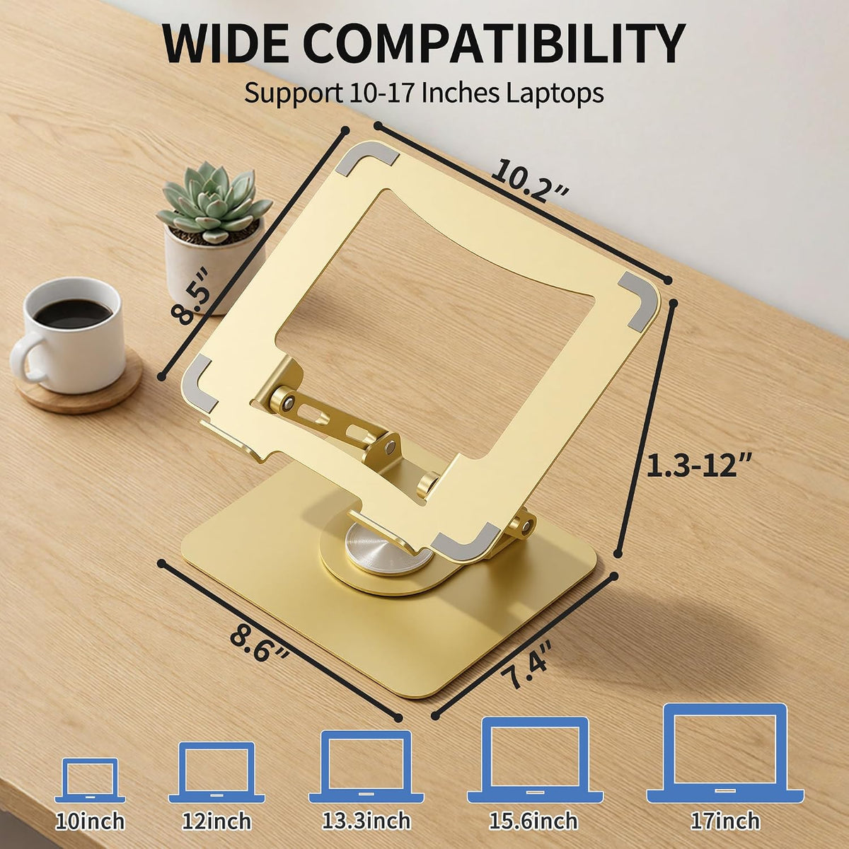SOUNDANCE 360 Rotating Laptop Stand, Adjustable Riser,10-17", Gold