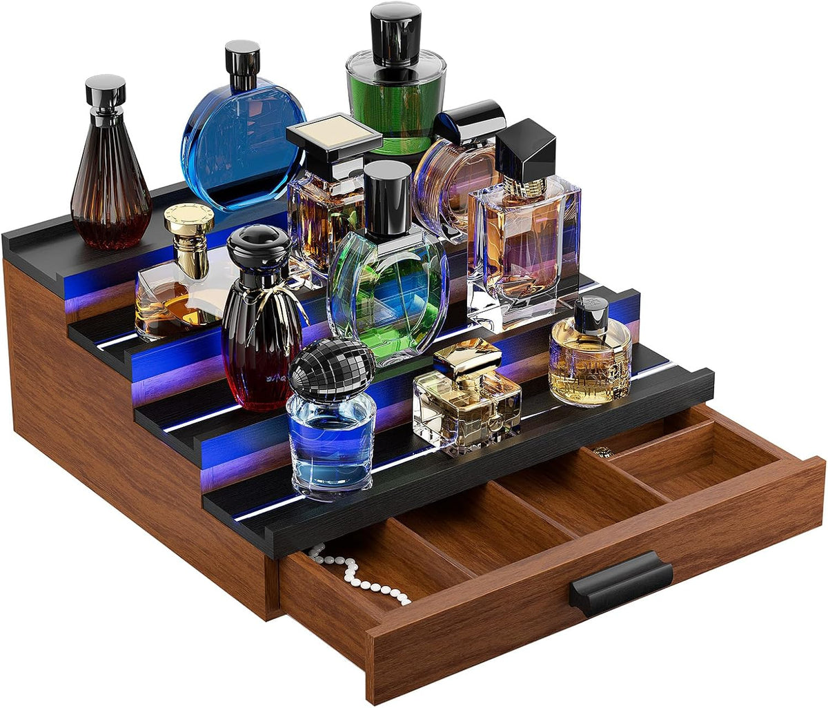 Perfume Cologne Organizer for Men: with LED Light 4 Tier Wooden Perfumes Stan...