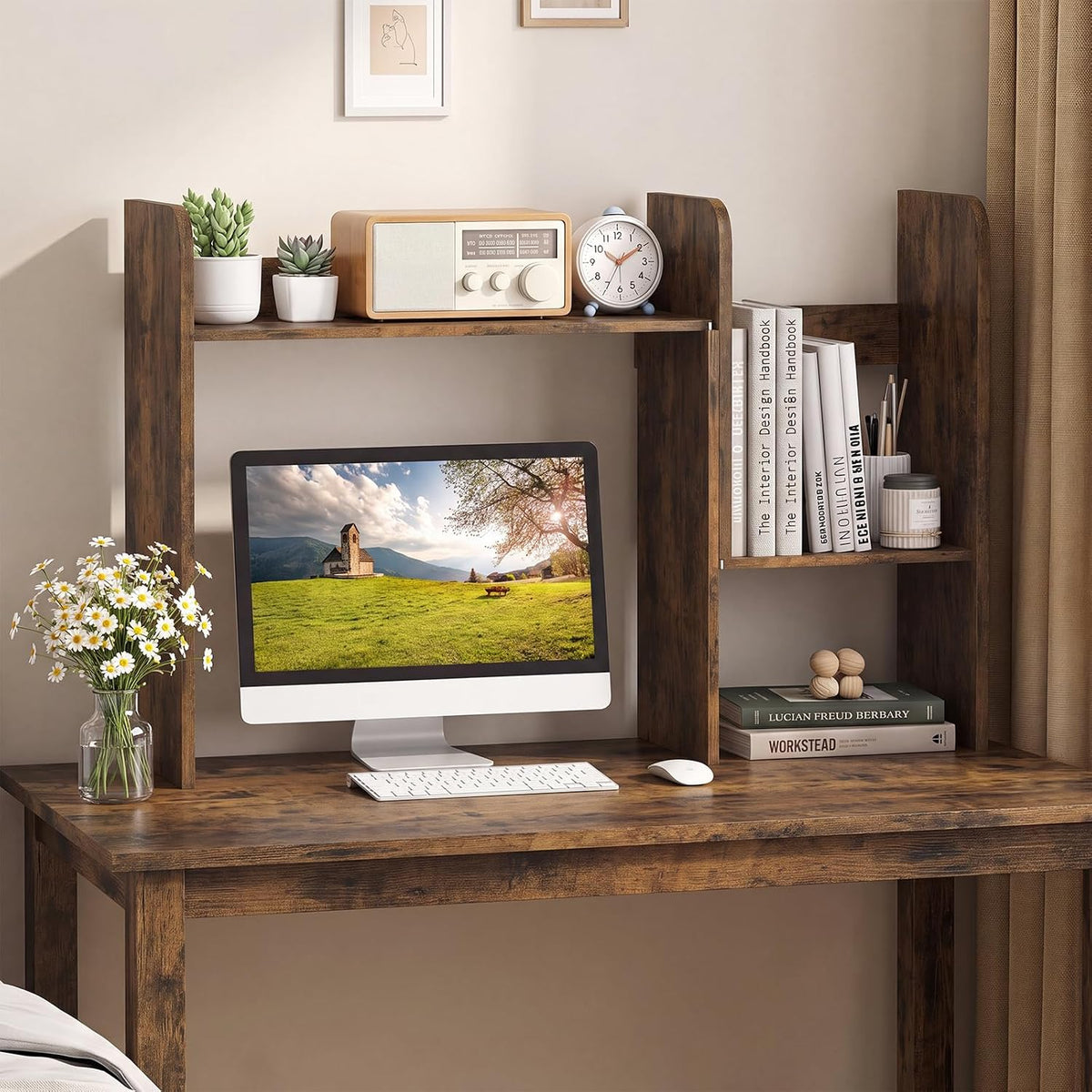Tangkula Extendable Desktop Bookshelf, Dorm Desk Hutch, Rustic Brown