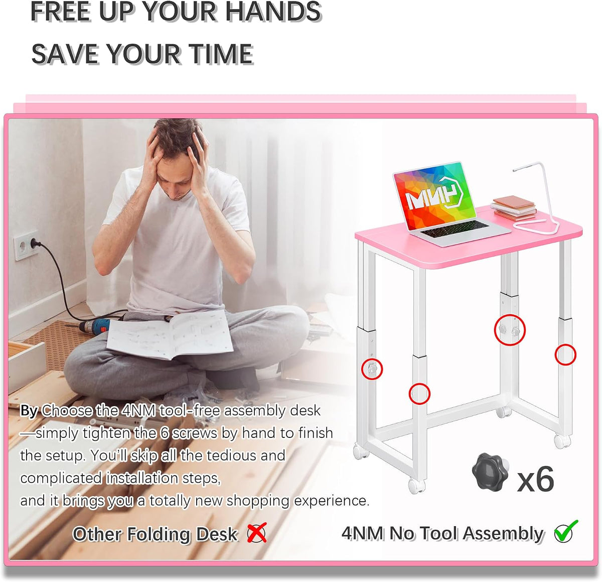 4NM No Tool Assembly 23.6" Small Desk, Folding Portable Desk with Wheels...