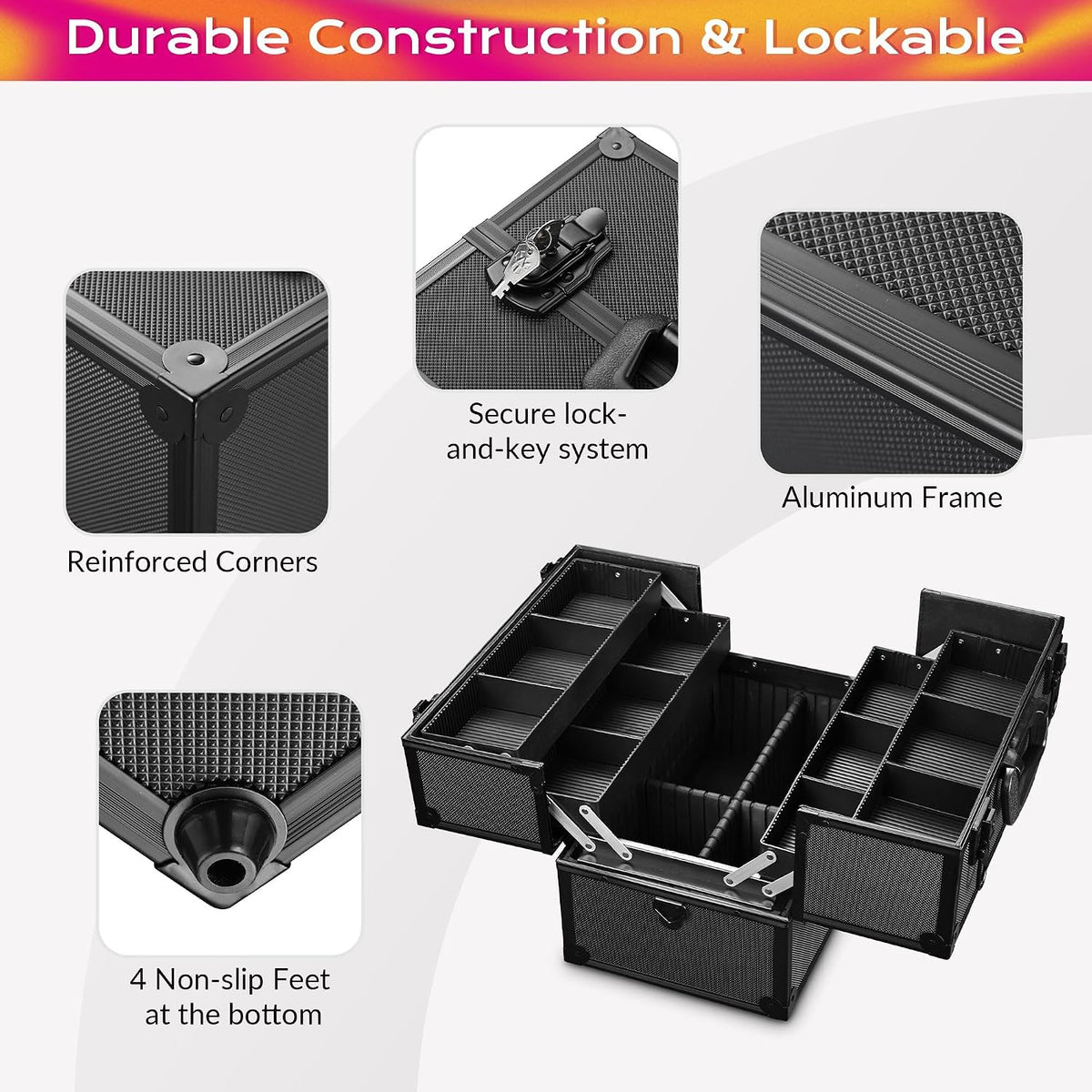BYOOTIQUE 14'' Makeup Train Case w/Strap 4 Adjustable Trays Storage Box