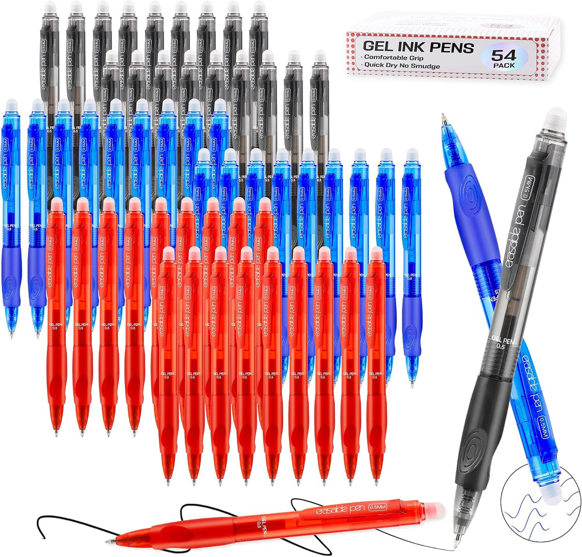 USUAL 54 Pack Retractable Erasable Gel Pens Clicker, Fine Point 0.5mm