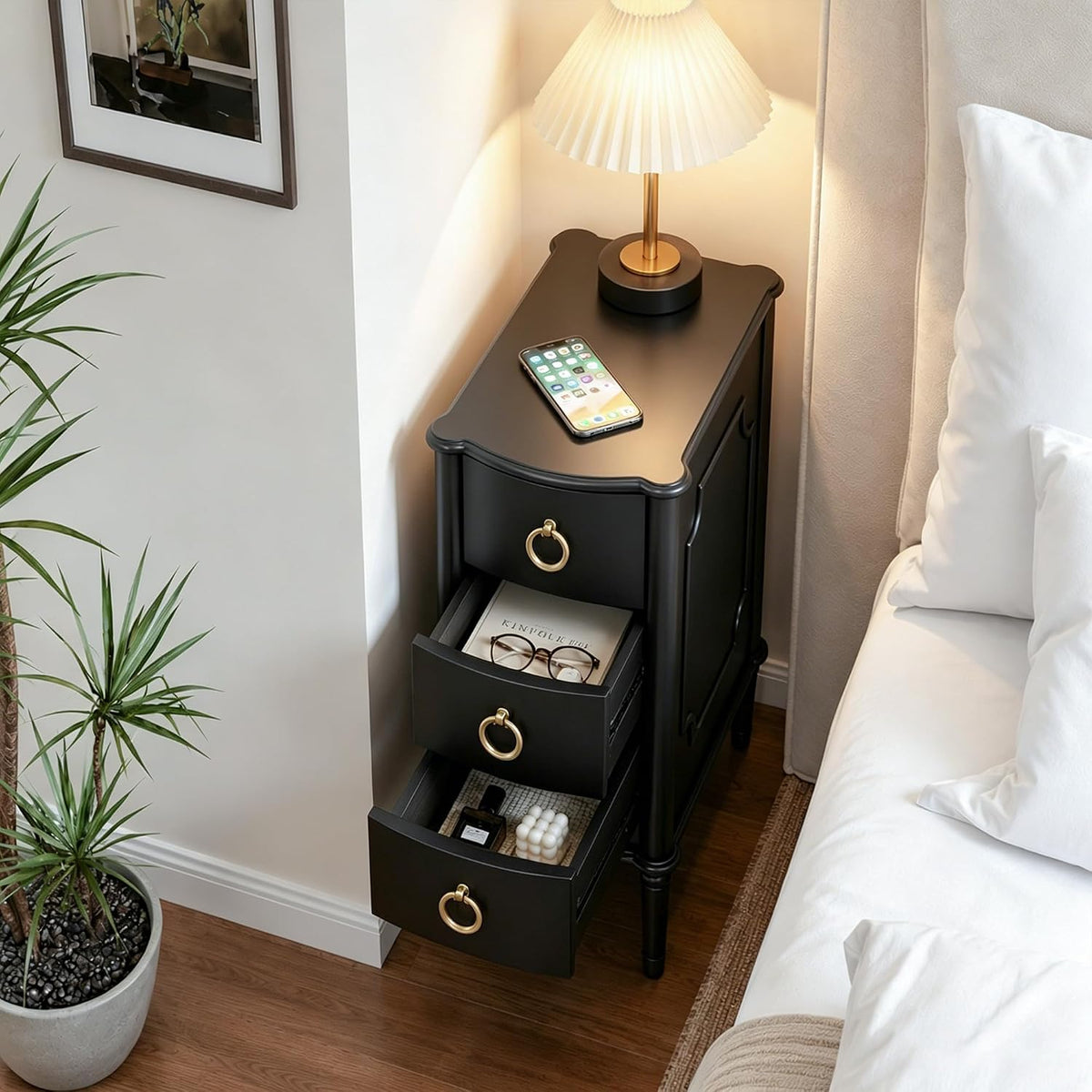 Mid-Century Narrow Nightstand, Wood Bedside Table, Black