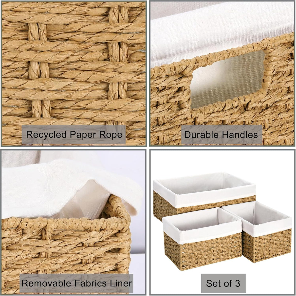 Vagusicc Wicker Storage Basket, 3-Pack Woven Paper Rope Wicker Baskets with H...