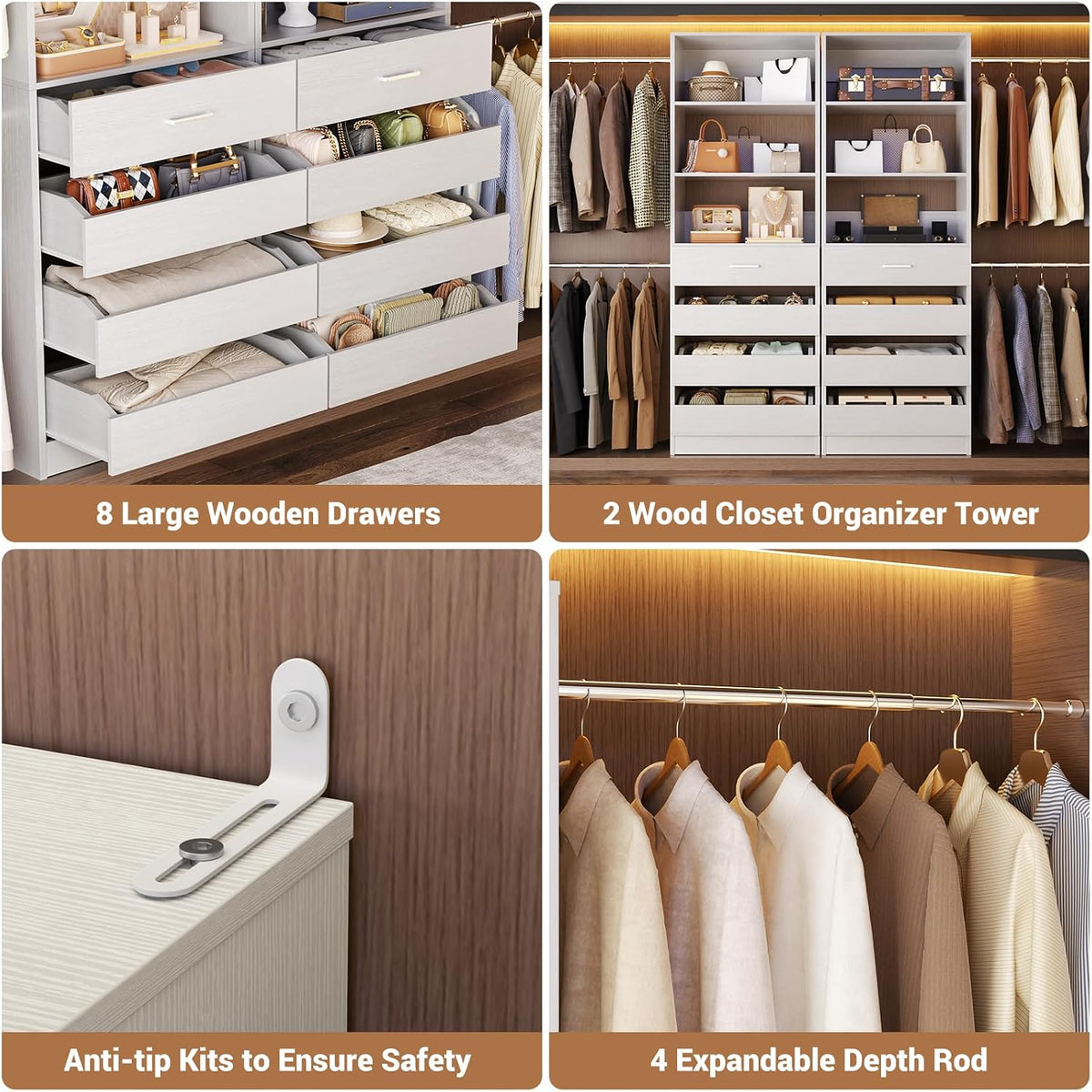 Aheaplus Closet System, 6-15Ft Custom Wood Closet Organizer with 8 Drawers