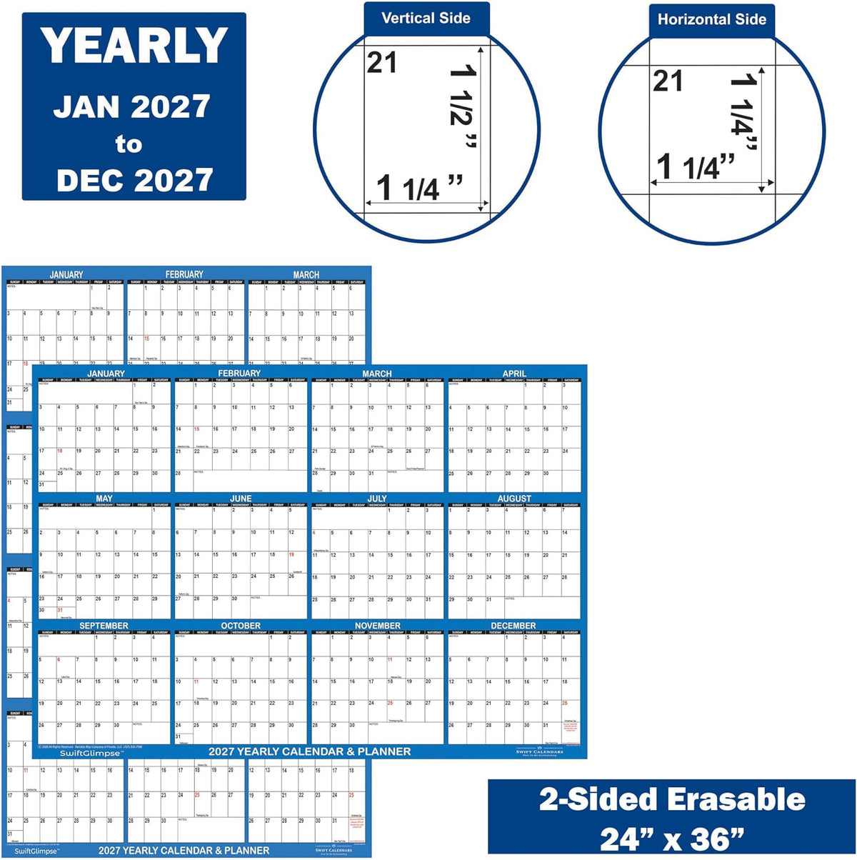 24" x 36" SwiftGlimpse 2027 Wall Calendar Erasable Large Wet & ...