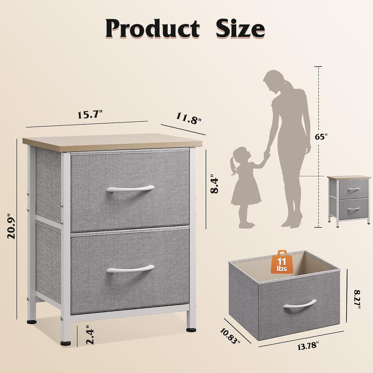 WLIVE Night Stand, Gray Nightstand with 2 Fabric Drawers, Small Dresser for B...