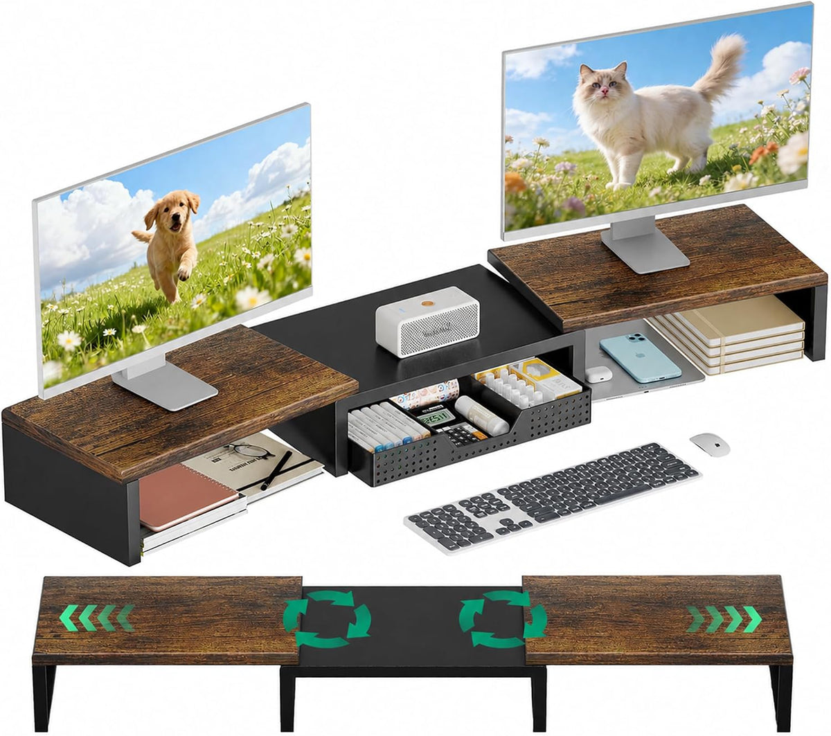 OPNICE Dual Computer Monitor Stand Riser, Desk Organizer with Drawer, Office ...