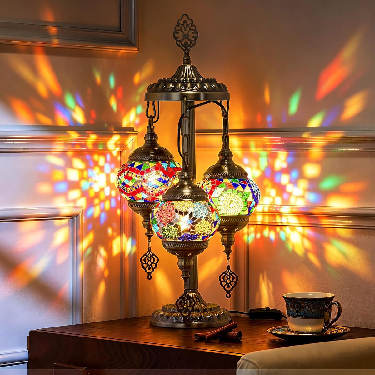 3 Globes Turkish Mosaic Lamp, 23" Handmade Moroccan Lamp, Multicolor