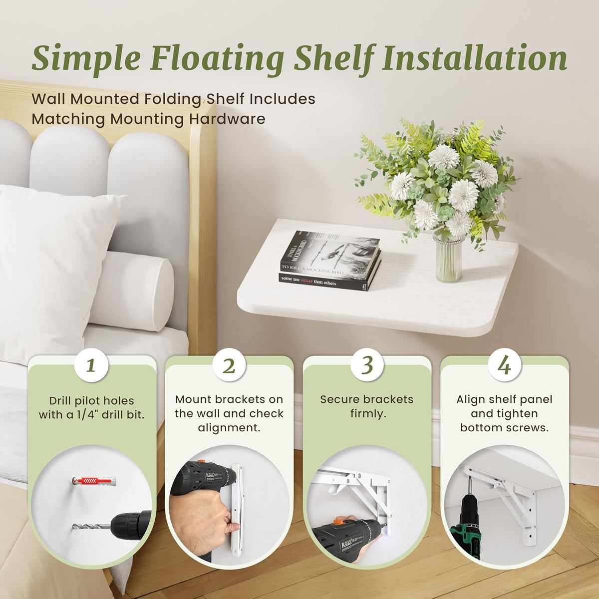 IAE 16 Inch Fold White Floating Wall Shelves, 12 Inch Deep Wood Wall Shelf