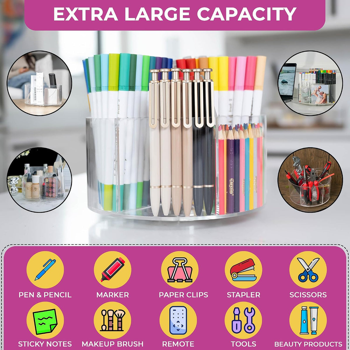 Acrylic Marker Organizer - Multipurpose 360 Rotating Holder for Pencil, Pen, ...