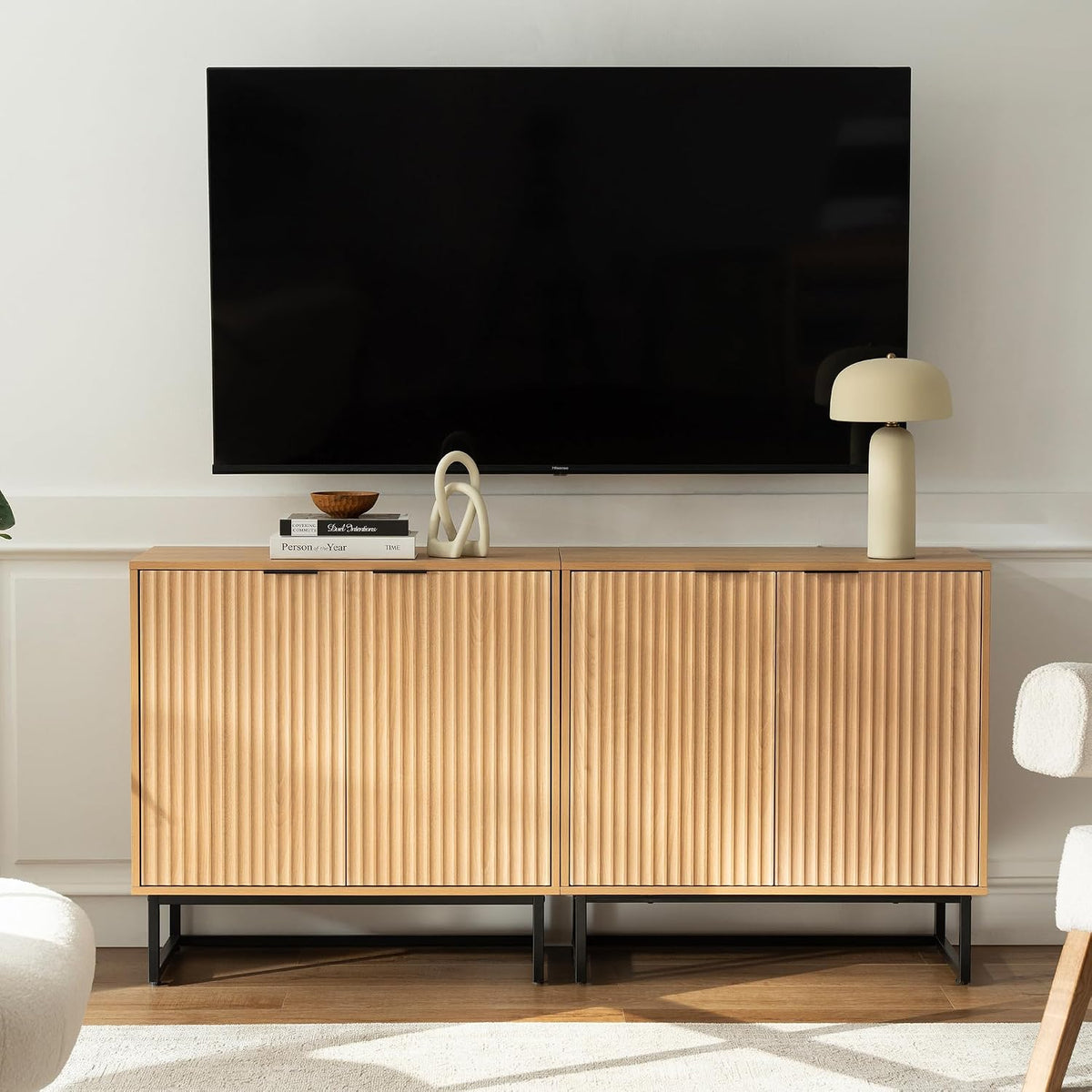 EYYTHUNG Fluted Storage Cabinets Set of 3, Sideboard Buffet Cabinets with Adj...