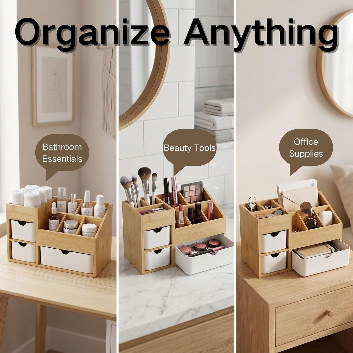 Bamboo Makeup Organizer, 3 Drawers & Adjustable Dividers