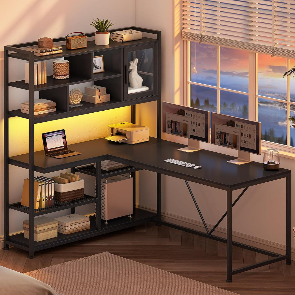 SEDETA L Shaped Computer Desk with Storage Shelves and Bookshelf, Black
