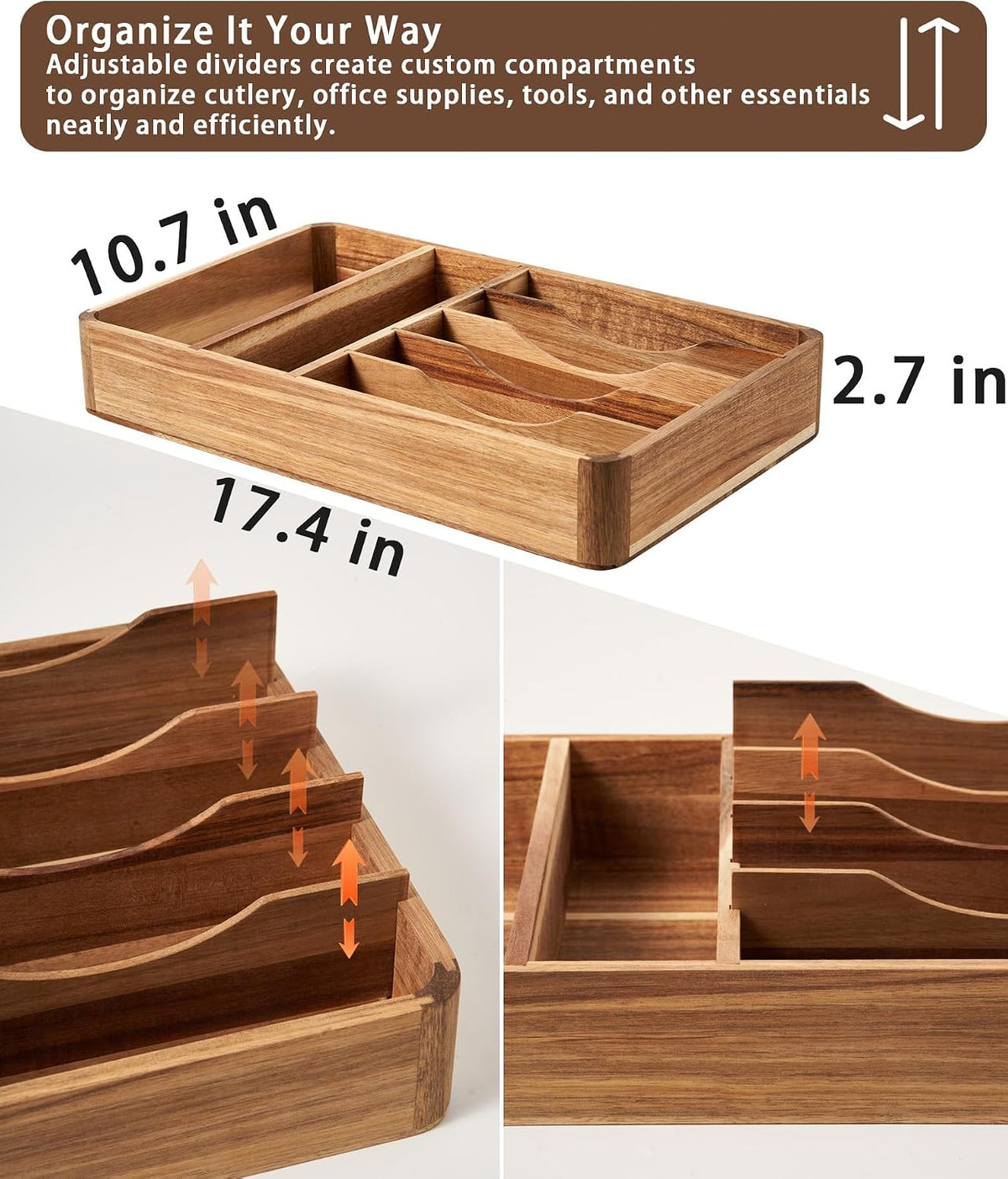 Silverware Drawer Organizer, Acacia Wood Tray for Cutlery & Flatware | 7-...