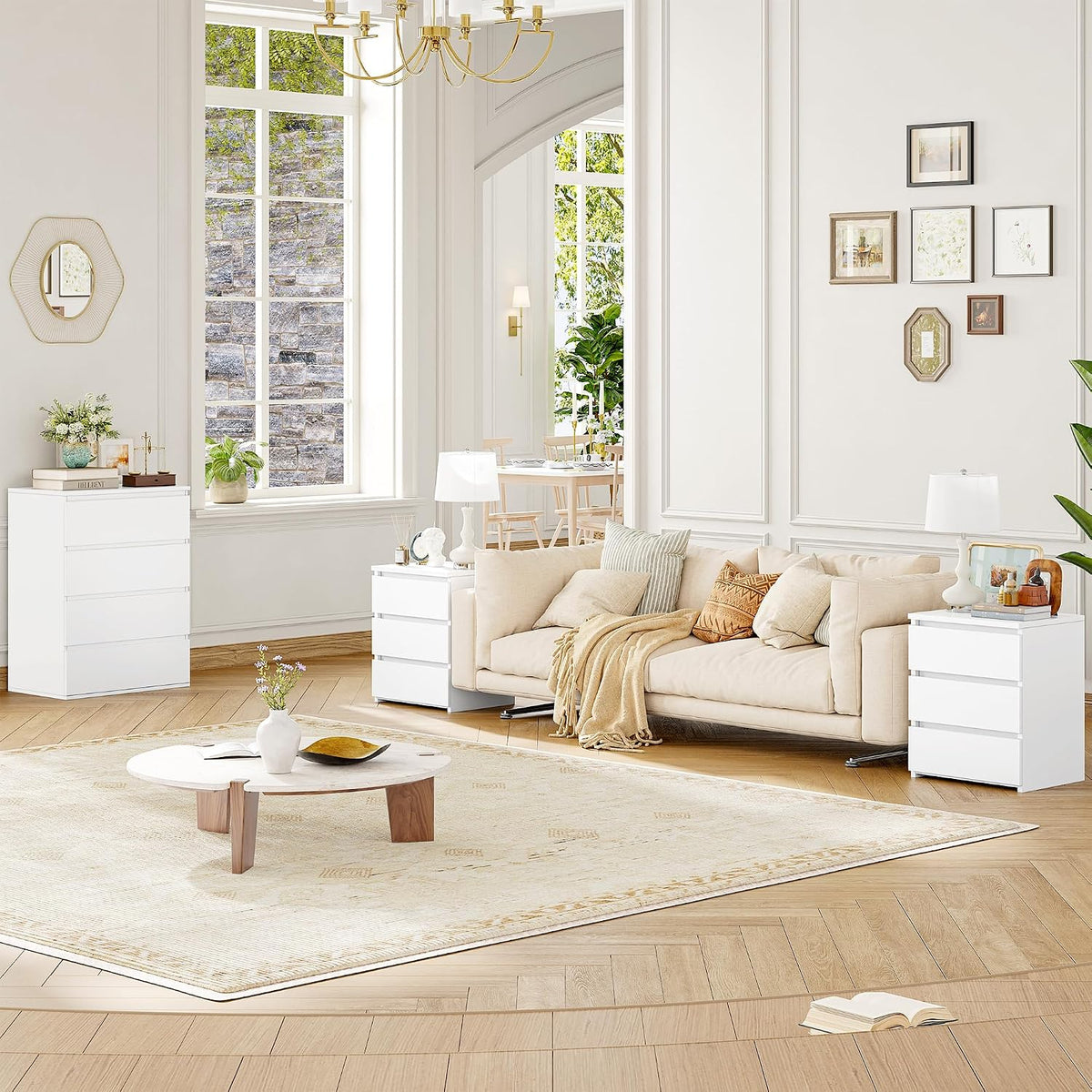 FOTOSOK Nightstands Set of 2, White Nightstand with 3 Drawers for Bedroom