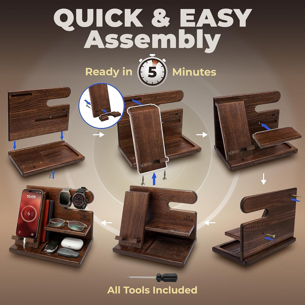 TESLYAR Wood Phone Docking Station for Men - Desktop or Nightstand Organizer ...